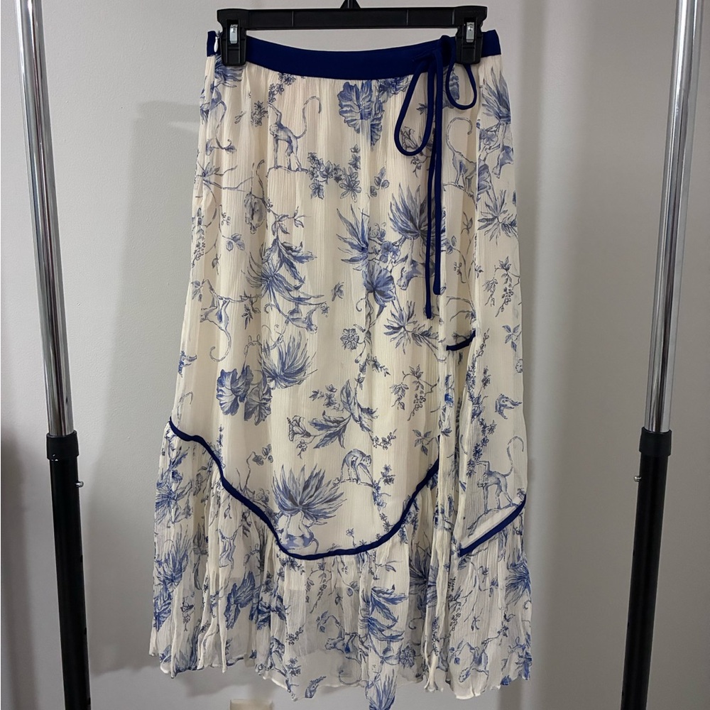 100% silk Blue Floral Pleated Maxi Skirt